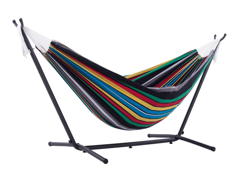 The Hamptons Collection 110” Black and Blue Striped Brazilian Style Hammock with a Steel Hammock