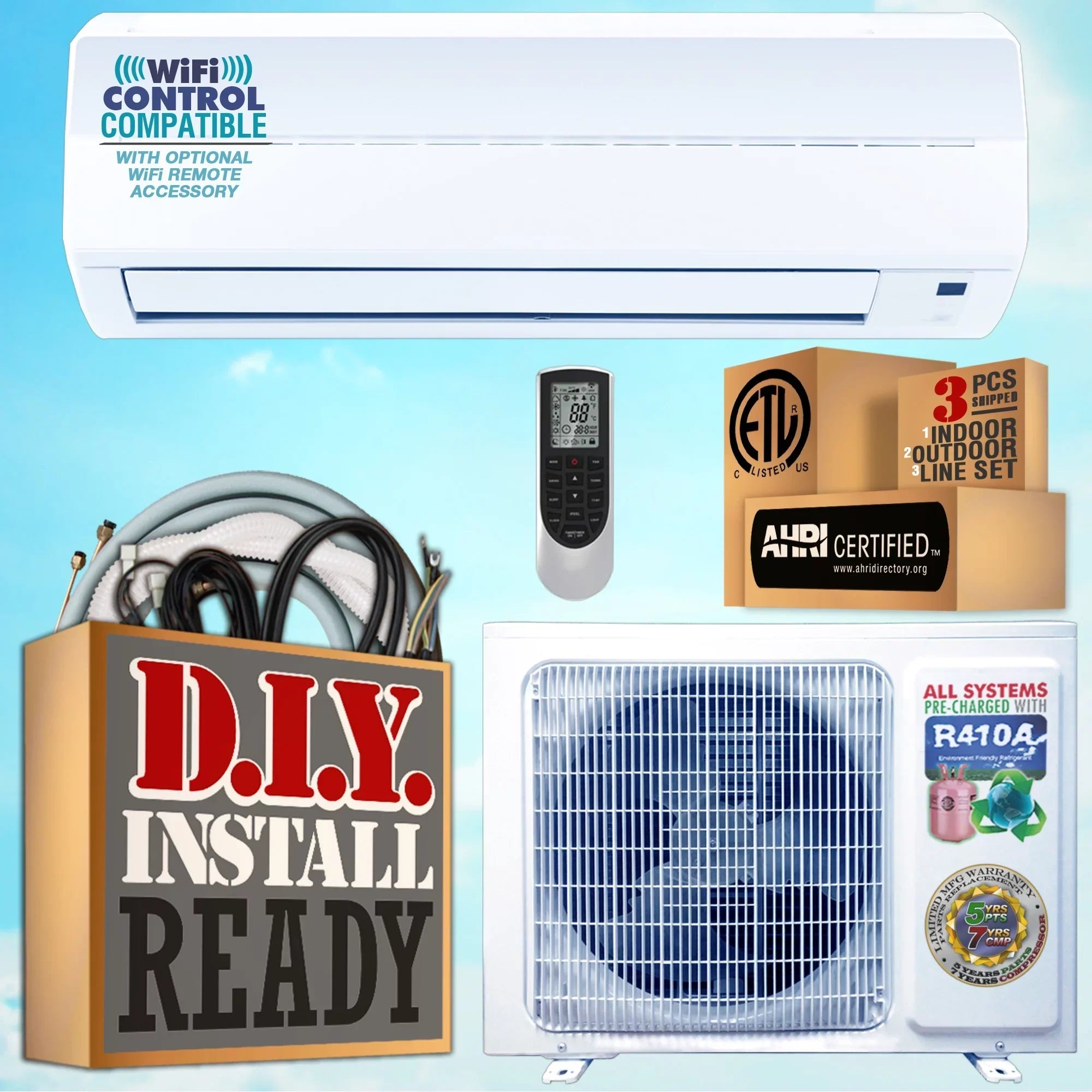 AmVent Super Efficiency 12000 BTU Inverter Ductless Mini Split and Heat Pump 115V/60 Hz 500 SQ coverage area  with 25 ft installation Kit