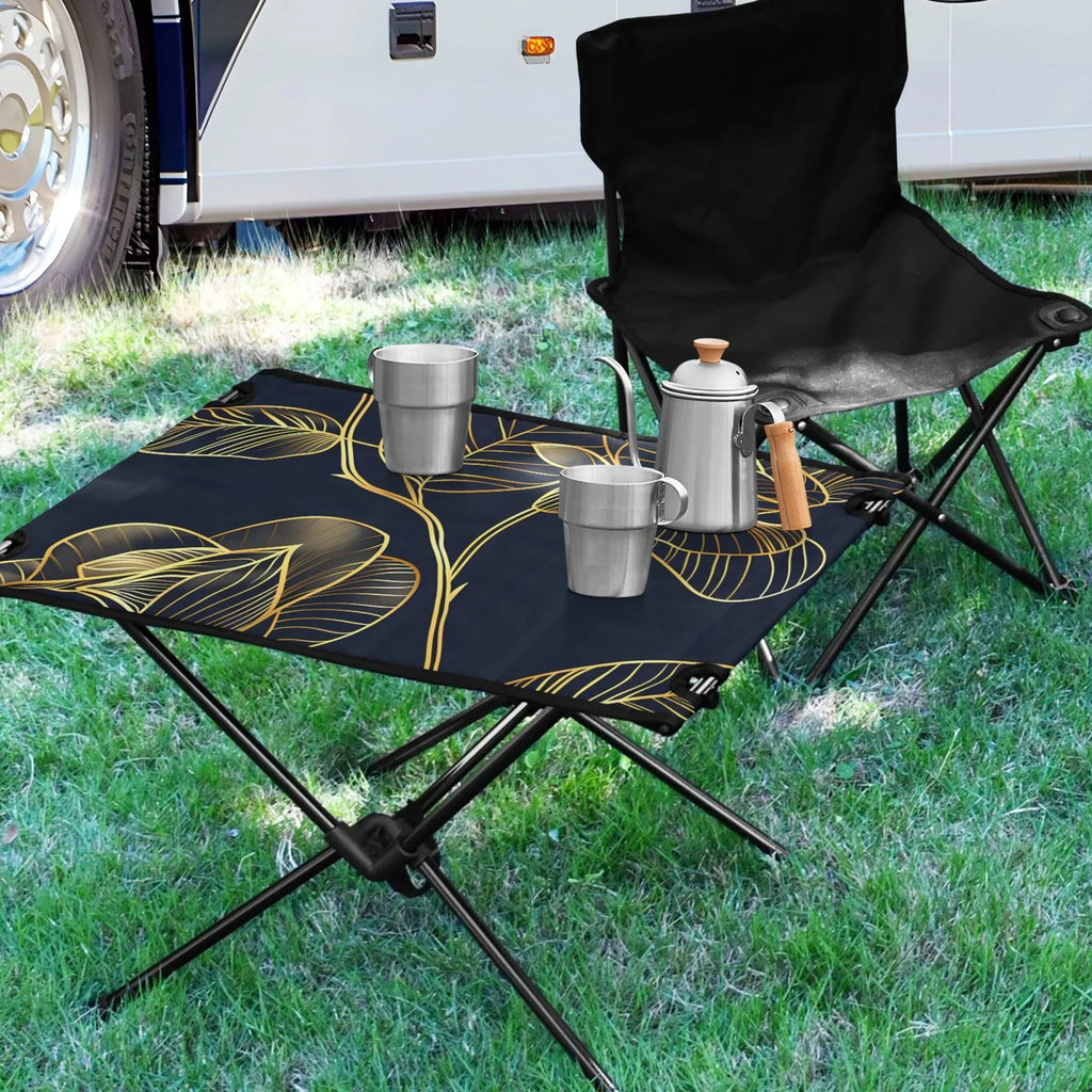 Luxury Golden Rose Flower Camping Folding Table Portable Beach Table with Storage Bag Compact Picnic Table for Outdoor Travel Fishing BBQ