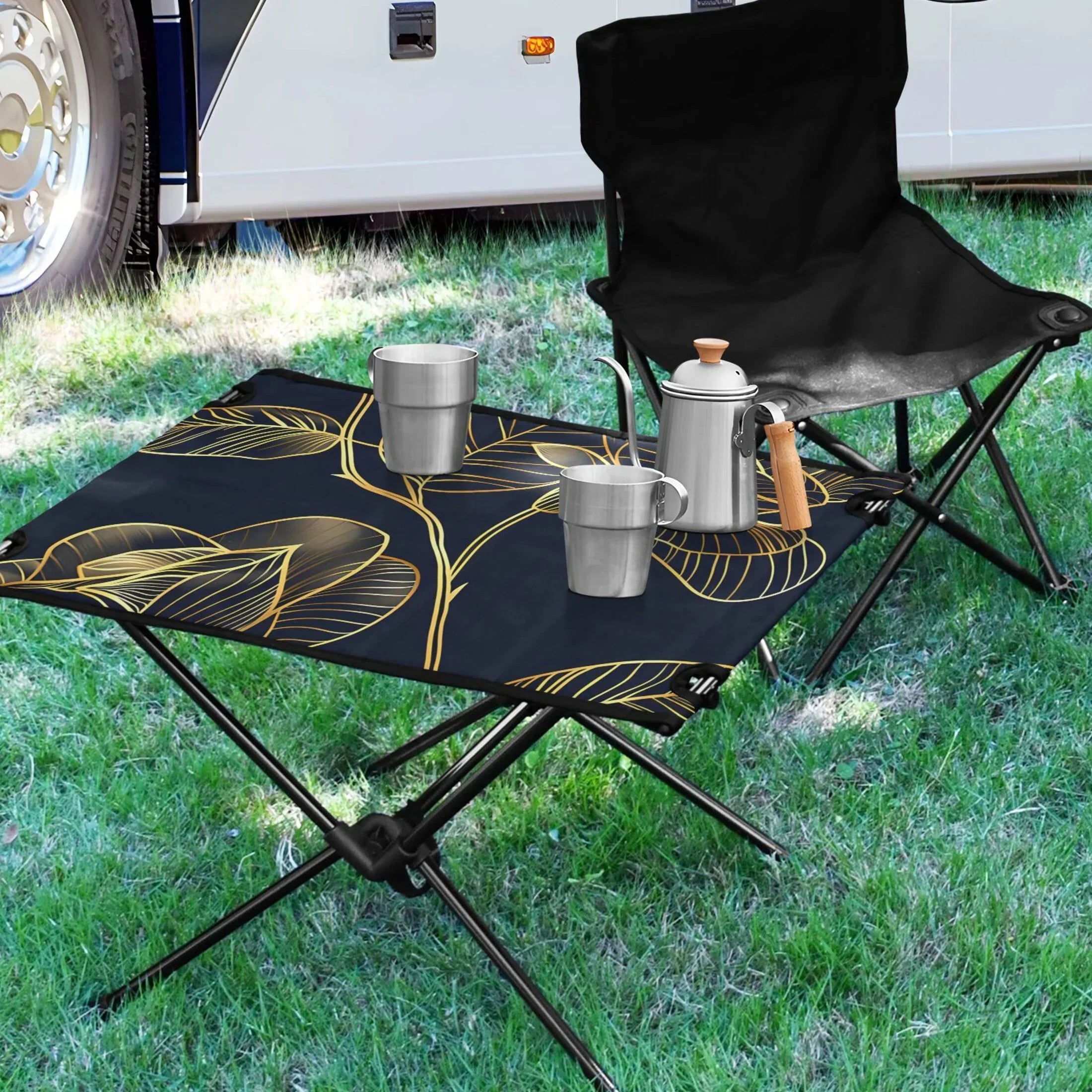 Luxury Golden Rose Flower Camping Folding Table Portable Beach Table with Storage Bag Compact Picnic Table for Outdoor Travel Fishing BBQ