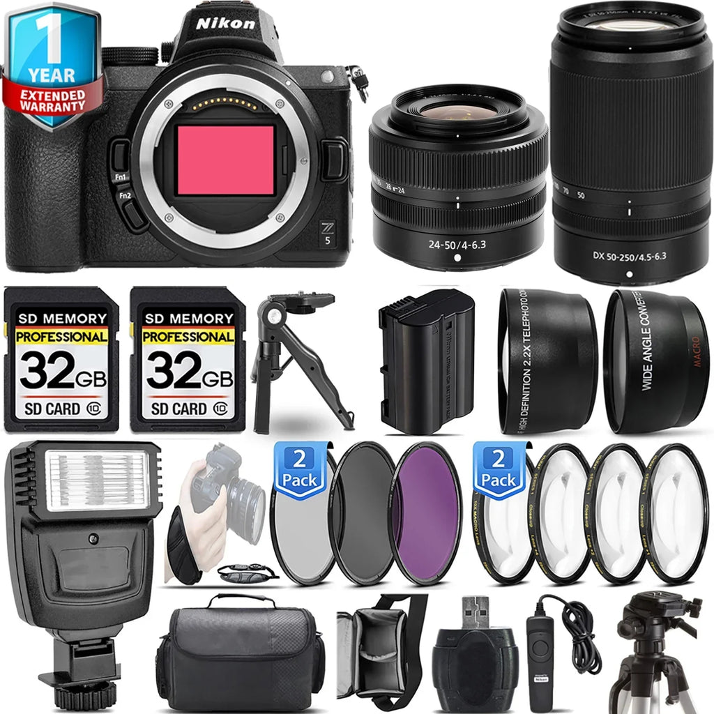 Nikon Z5 Mirrorless Camera with 50-250mm f/4.5-6.3 VR Lens + 24-50mm f/4-6.3 Lens + 4 PC Macro Set + 3 PC Filter Set + 64GB + Flash + Handbag