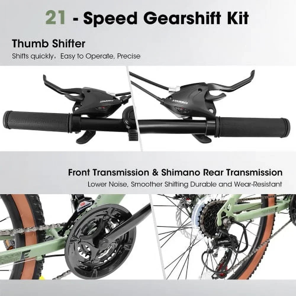 A24301 Ecarpat Mountain Bike 24 Inch Wheels, 21-Speed Mens Womens Trail Commuter City Mountain Bike, Carbon steel Frame Disc Brakes Thumb Shifter Front Fork Bicycles