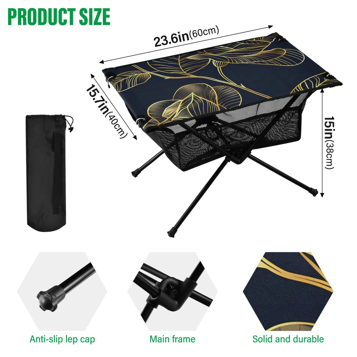 Luxury Golden Rose Flower Camping Folding Table Portable Beach Table with Storage Bag Compact Picnic Table for Outdoor Travel Fishing BBQ
