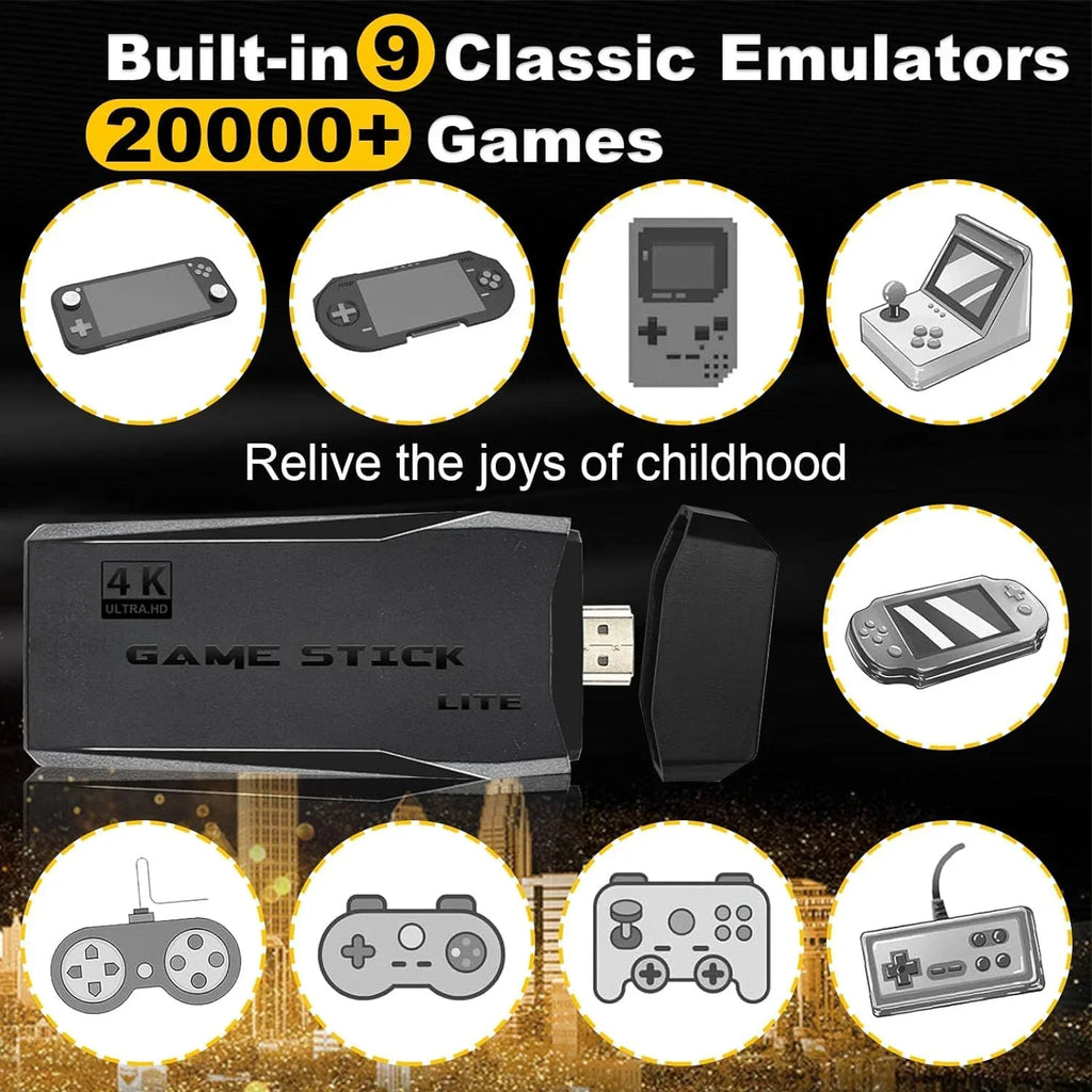 Retro Game Stick with Built-in 9 Emulators, Retro Gaming Console with 20,000+ Games, HD Output and 2.4GHz Wireless Controller for TV Plug and Play - Revisit Classic Games