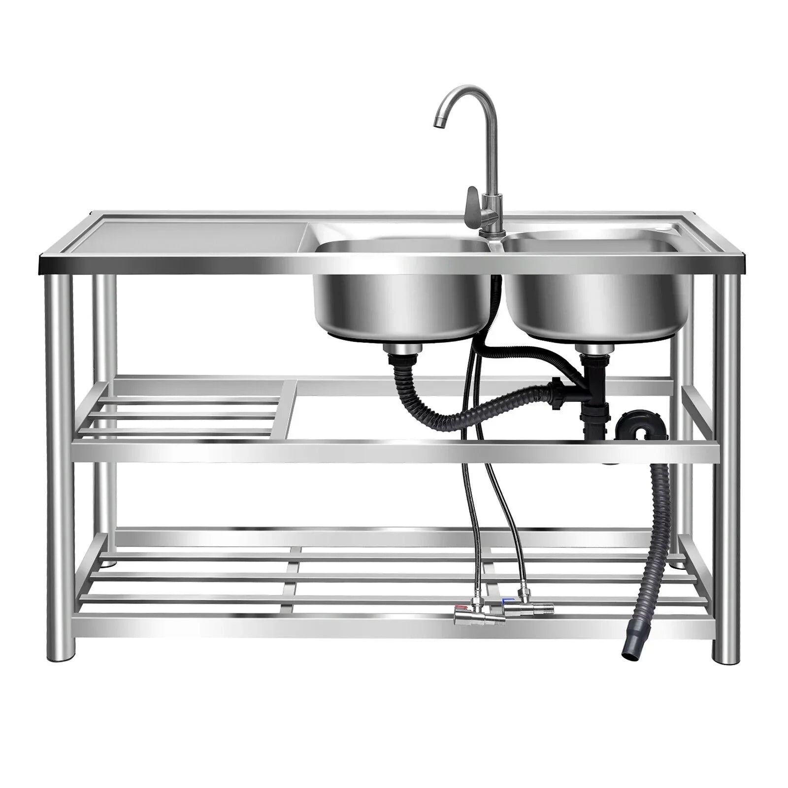 Commercial Kitchen Utility Sink w/ Drainboard 304 Stainless Steel Catering Prep Home Sink Bowl Kitchen 2 Bowls Catering Prep Table w/Faucet Sink Bowl Kitchen 2 Bowls Catering Prep Table +Shelf