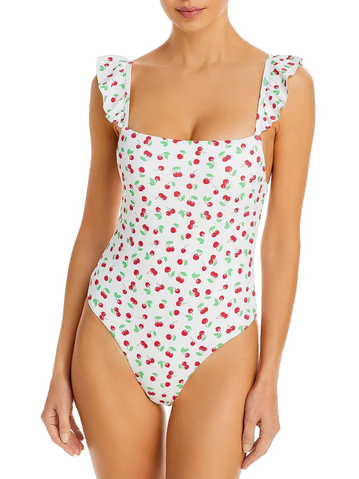 Aqua Swim Womens Maillot Square Neck Ruffled One-Piece Swimsuit