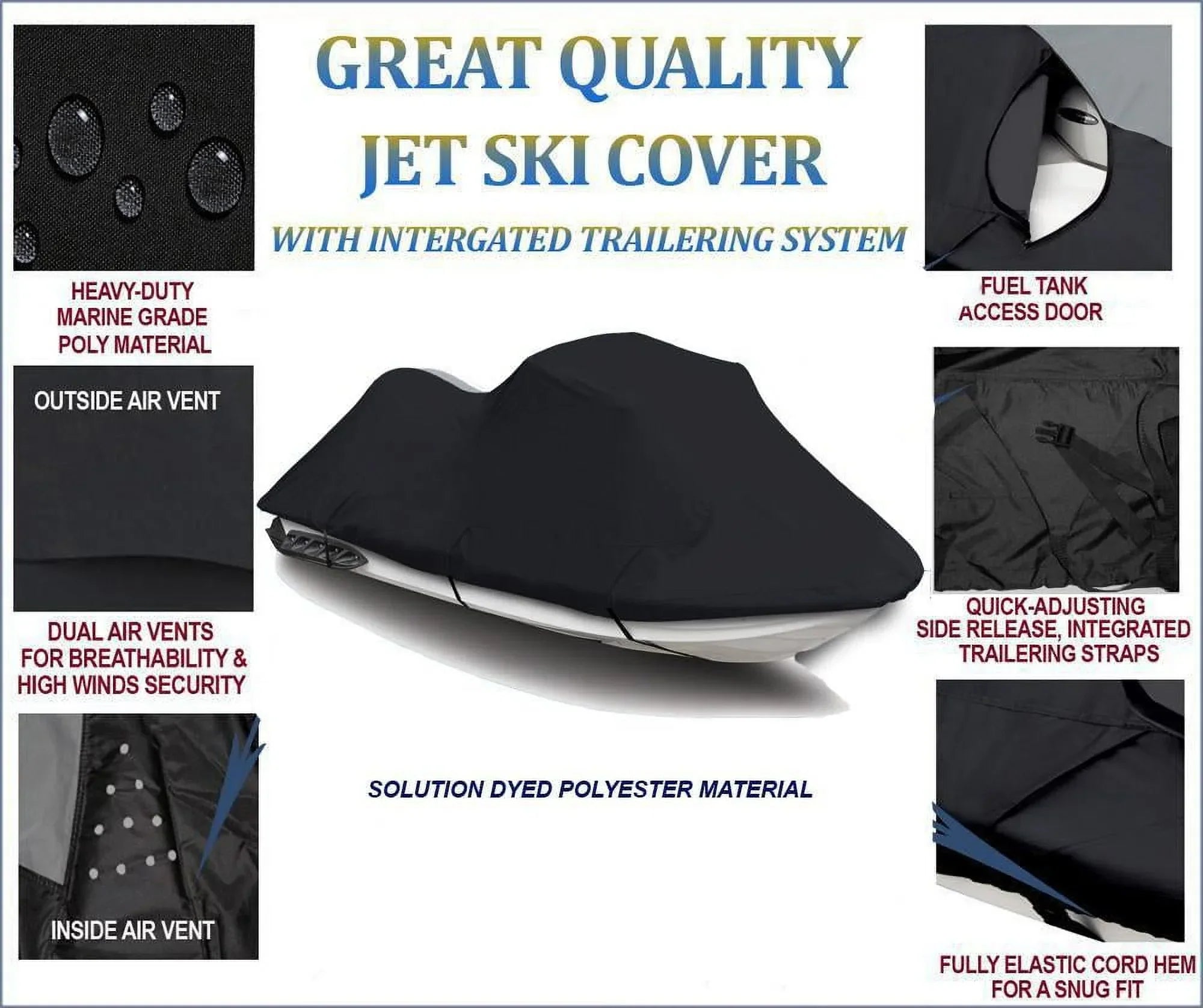 BLACK PWC 600D JET SKI Cover Compatible for Kawasaki ZXi 1100 / JH1100 1996 1997 1998 1999 2000 2001 2002 2003 2 Seater