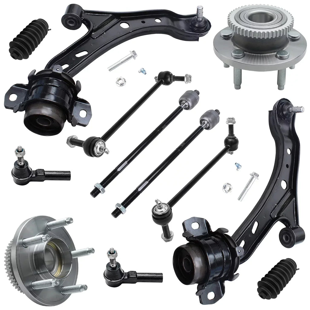 Detroit Axle - Front 12pc Suspension Kit Ford Mustang 2005 2006 2007 2008 2009 2010, 2 Lower Control Arms 2 Sway Bars 4 Outer Inner Tie Rods 2 Wheel Bearing and Hubs 2 Boots Replacement