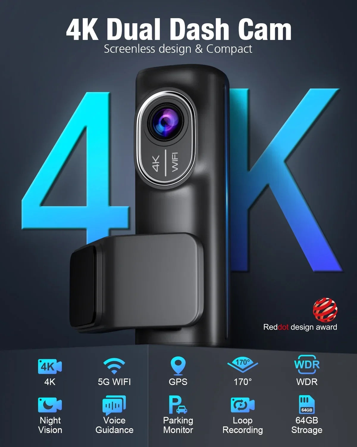 Dual Dash Cam Front and Rear, OMBAR 4K 1080P 5G WiFi & GPS Full HD Car Dashcam with 64G SD Card, WDR Night Vision, 24h Parking Mode, 170°Wide, G-Sensor, Loop Recording, APP